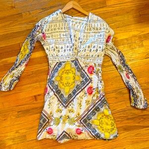 Free People Yellow and Red Casual Sheath Dress with Plunge Neckline